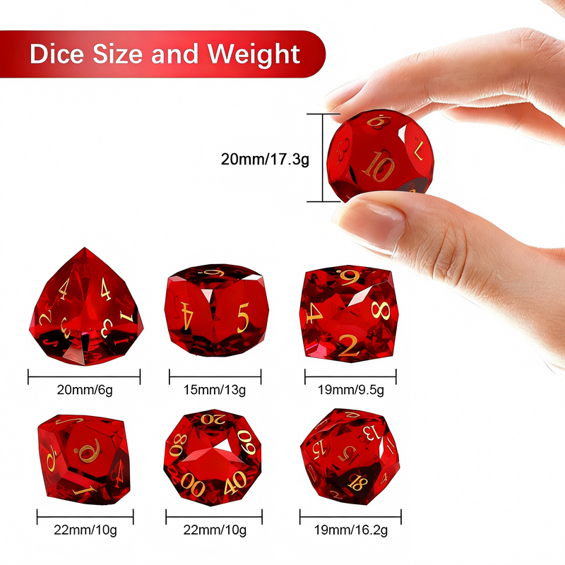 Red K9 Crystal Polyhedral Dice Set — premium crystal dice for tabletop RPG