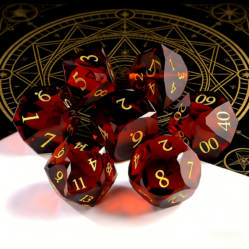 Close-up of deep crimson red with geometric facets crystal D20 for Dungeons and Dragons