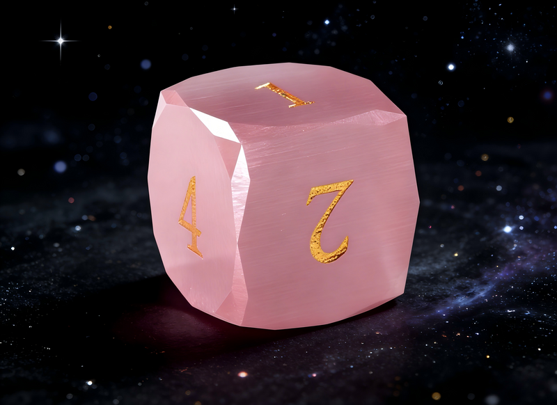 7-piece K9 crystal DND dice set — rose pink with engineered cat's eye chatoyancy