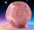 Close-up of K9 crystal D20 die — rose pink with engineered cat's eye chatoyancy for tabletop RPG