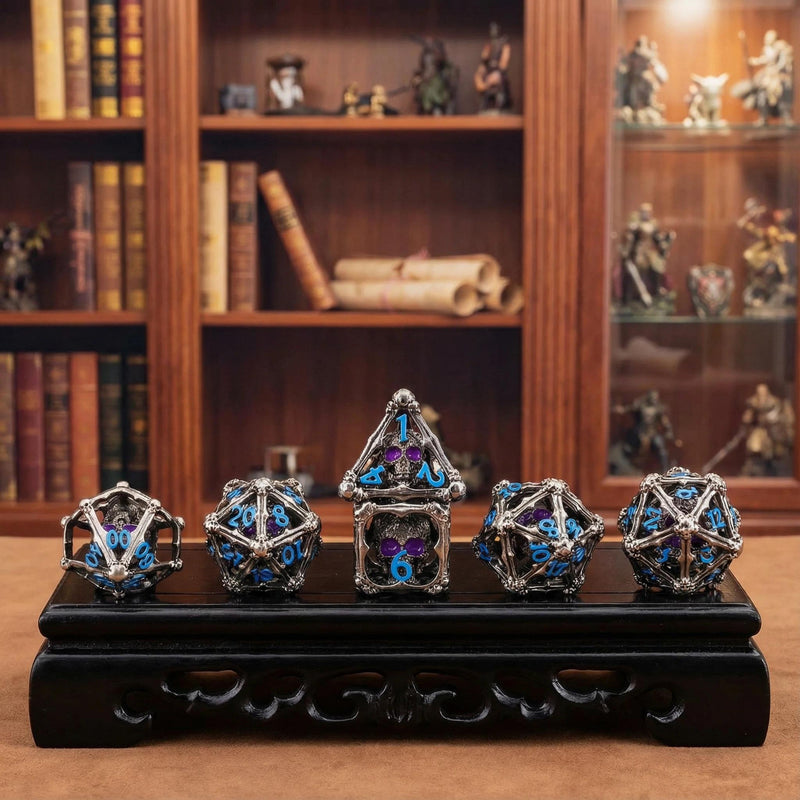 oversized hollow 3D skull metal D20 in gothic style — DND gaming accessory