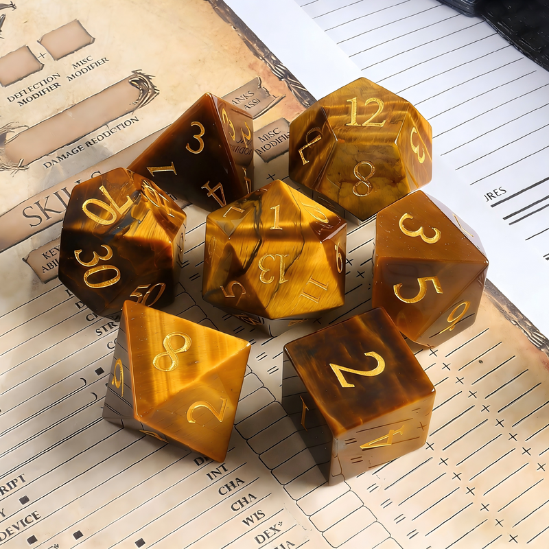 tiger's eye stone polyhedral dice for Dungeons and Dragons — 7-piece set