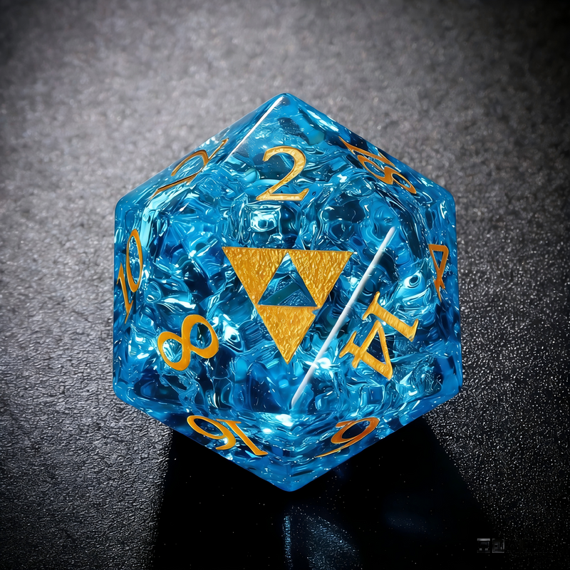 7-piece K9 crystal DND dice set — clear blue with cracked ice internal structure