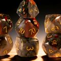 7-piece African bloodstone DND dice set including D4 D6 D8 D10 D12 D20 — deep green with vivid red jasper inclusions